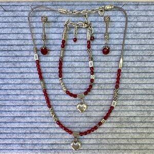 Vintage Brighton Le Rouge Love Red Silver Necklace, Earrings, Bracelet Set